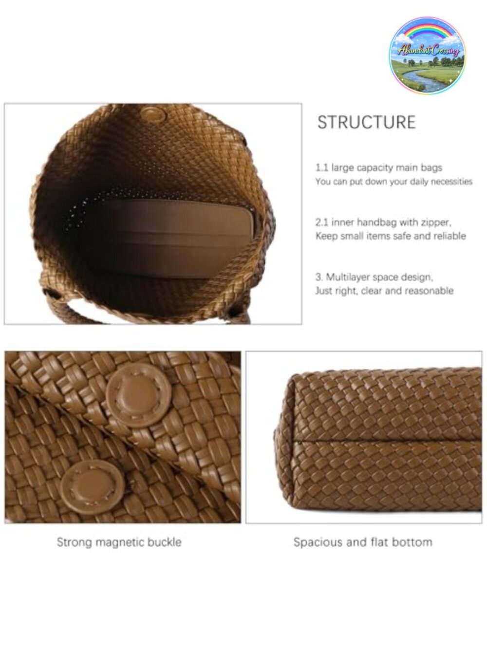 Hand Woven Vegan Leather Tote Bag with Magnetic Closure - Picture 5 of 6